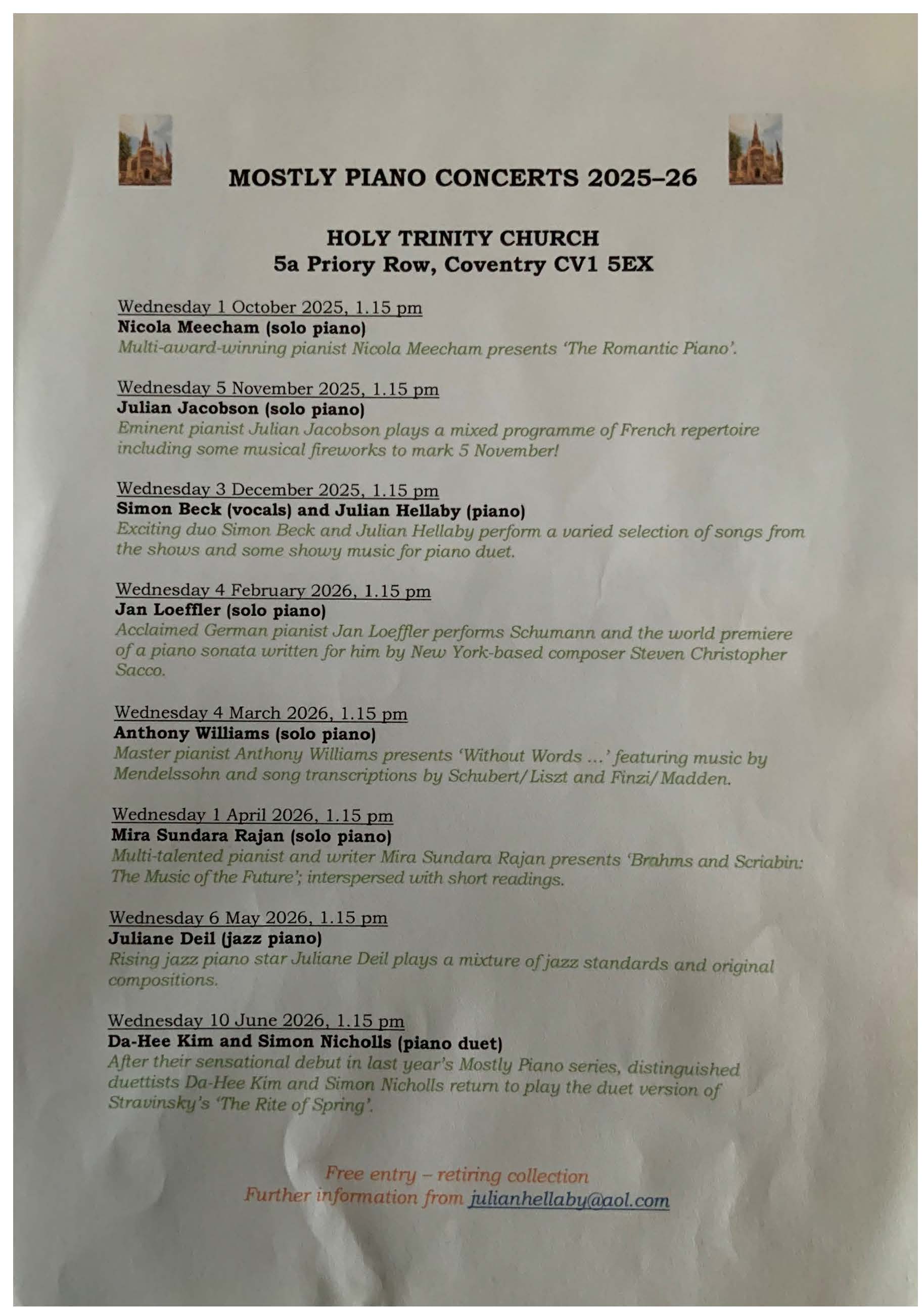 Piano Recitals - Timetable